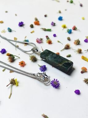 Green Stone Pendant Necklace with Silver Chain